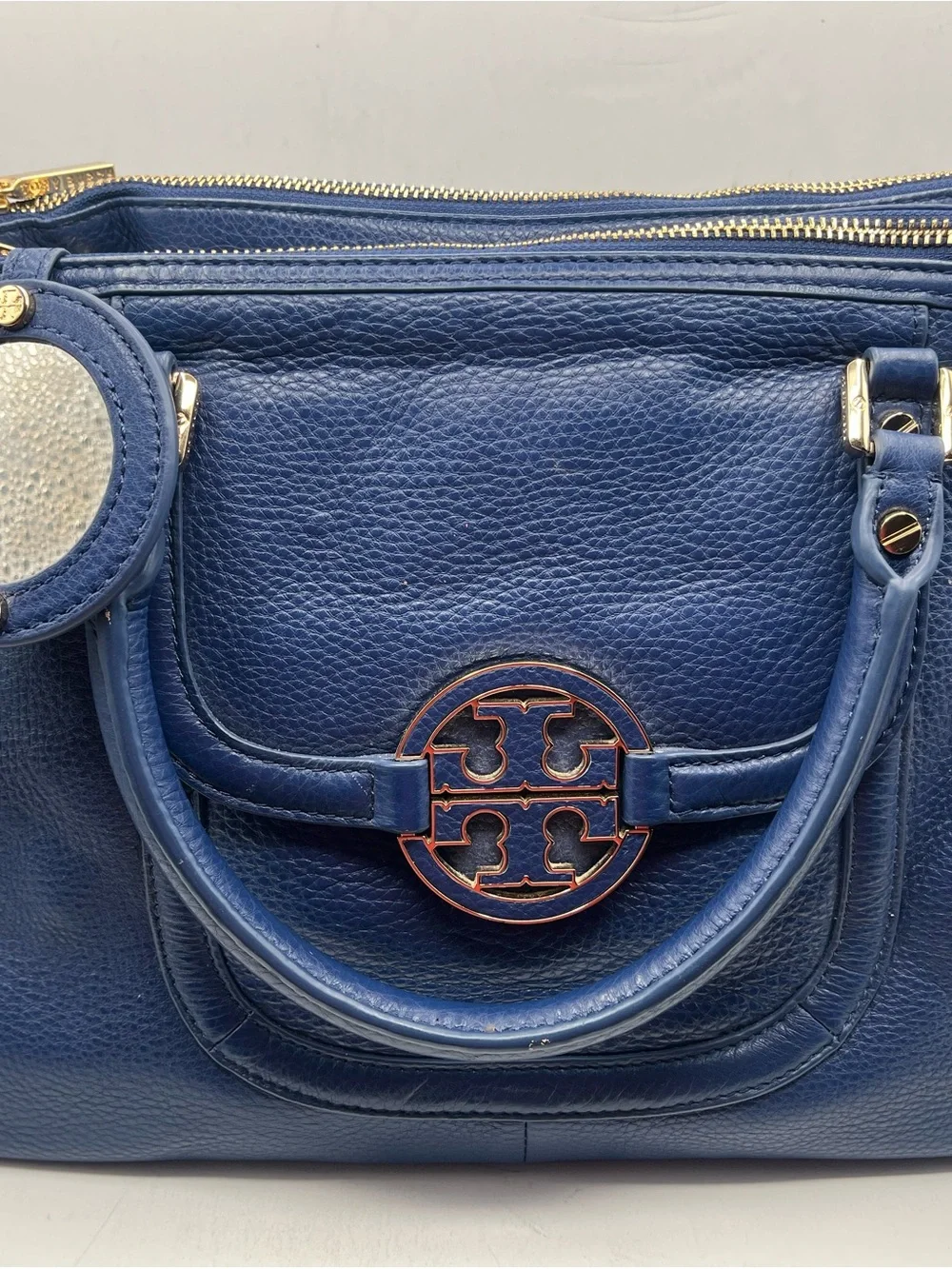Tory Burch Navy Blue Pebbled Leather Satchel with Logo Medallion
